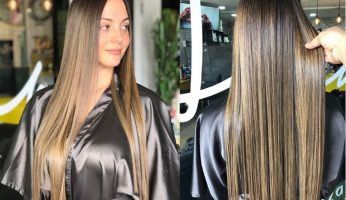 Hair straightened by flat iron in salon